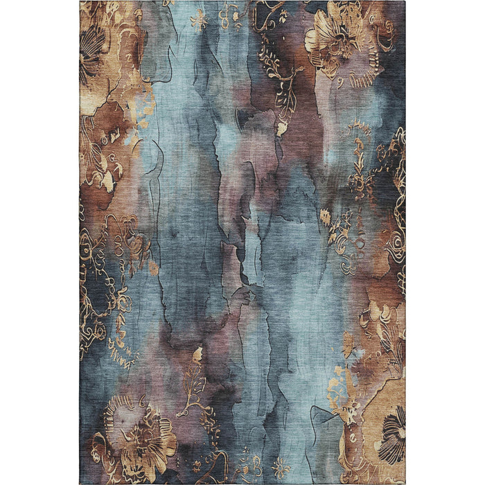 10' X 14' Floral Washable Area Rug With UV Protection (706313) - Blue / Gold / Copper