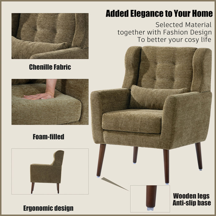 Giga modern upholstered accent arm chair with soft padding, wooden legs, and pillow, ideal for living room or bedroom seating.
