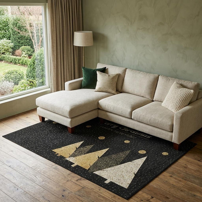 8' X 10' Christmas Tree Washable Area Rug With UV Protection (646467) - Black / Gold / Ivory