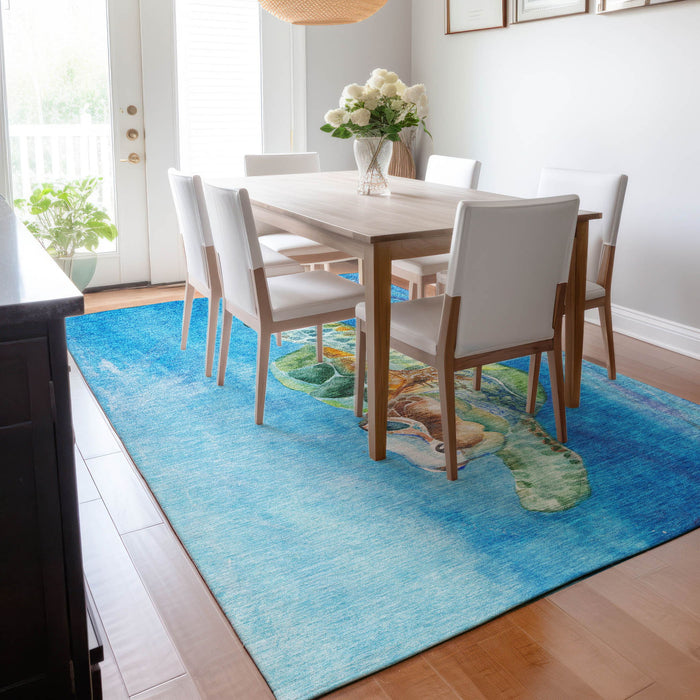 10' X 14' Nautical Washable Area Rug With UV Protection - Pacific Blue