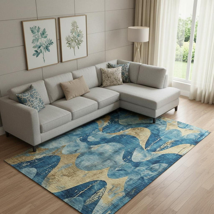 10' X 14' Abstract Washable Area Rug With UV Protection (701365) - Teal / Gold