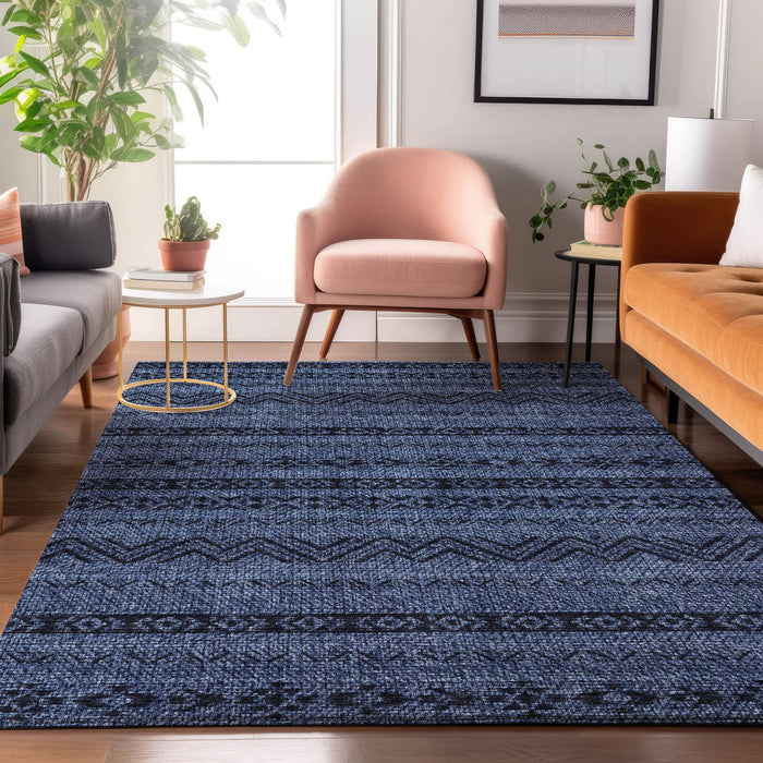 10' X 14' Southwestern Washable Area Rug With UV Protection - Navy Blue And Gray