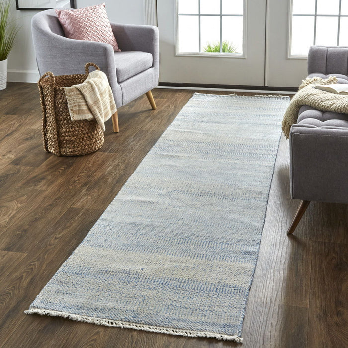 12' Wool Striped Hand Knotted Runner Rug - Blue And Silver