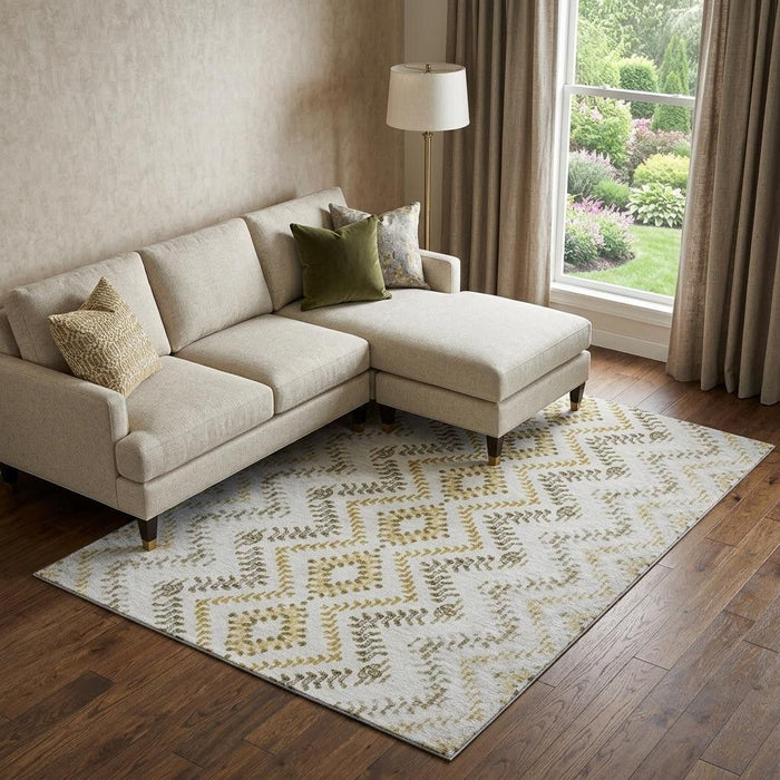 10' X 14' Geometric Washable Area Rug With UV Protection (656124) - Taupe / Ivory / Gold