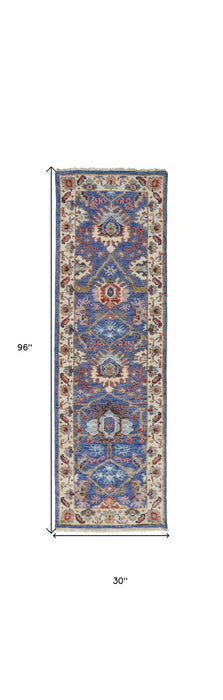 8' Wool Floral Hand Knotted Stain Resistant Runner Rug - Blue And Red
