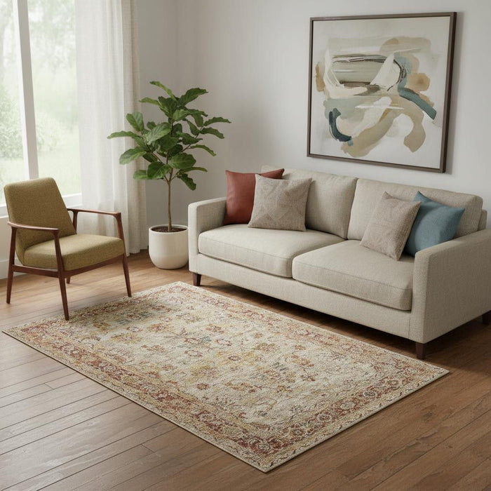 5' X 8' Floral Distressed Area Rug (550333) - Ivory / Red