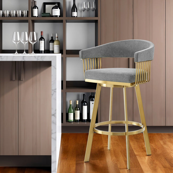 30" Fabric And Stainless Steel Low Back Bar Height Swivel Bar Chair - Gray / Gold