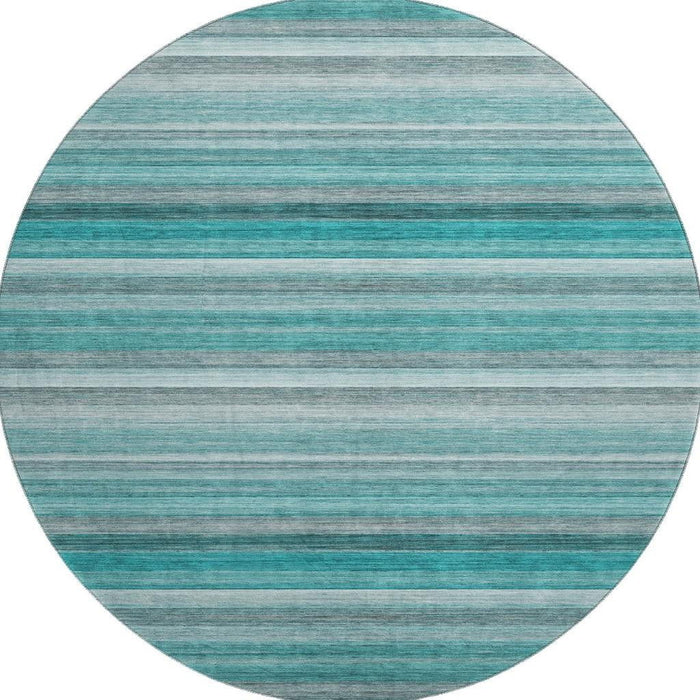 8' Striped Washable Round Rug With UV Protection (648055) - Teal / Gray / Ivory