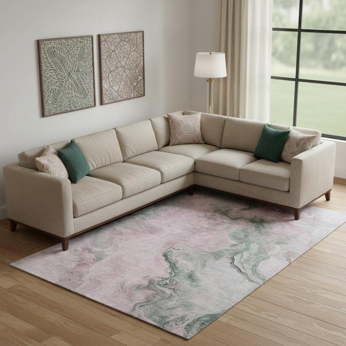 10' X 14' Abstract Washable Area Rug With UV Protection (697019) - Blush / Sage / Ivory