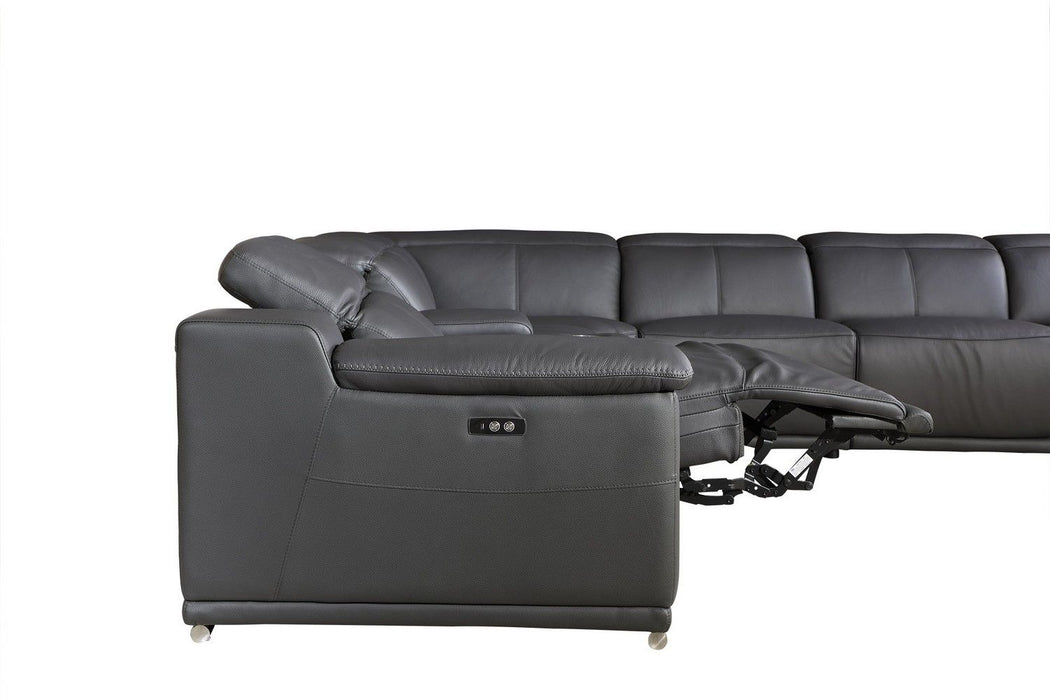 Italian Leather Power Reclining Eight Piece Corner Sectional With Console - Gray