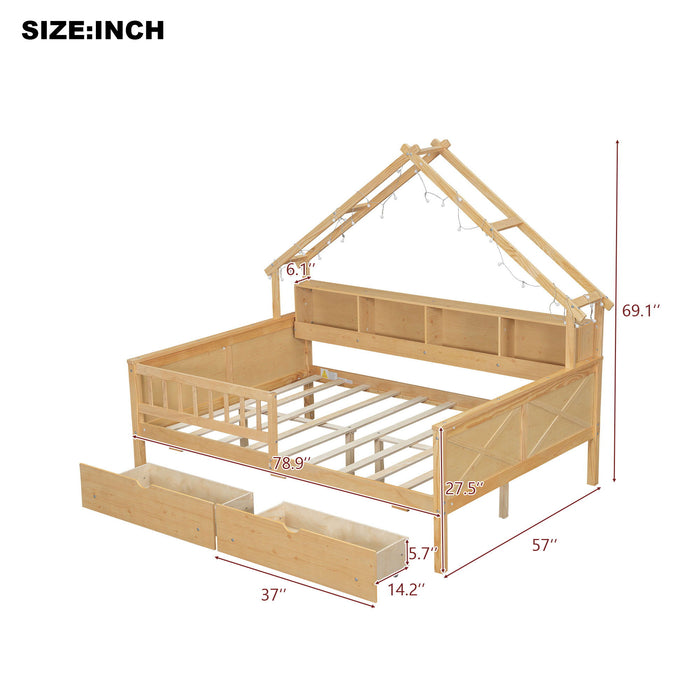 Giga house style platform storage bed with LED lights, built-in shelves, drawers, and guardrail for bedroom organization.