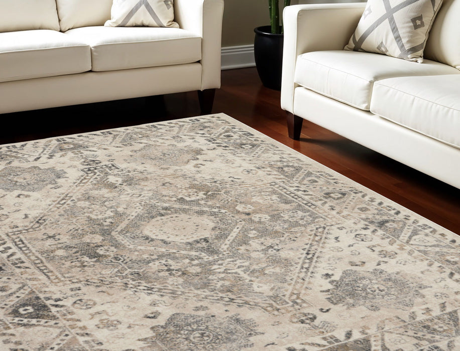 11' X 8' Floral Distressed Area Rug - Cream And Gray