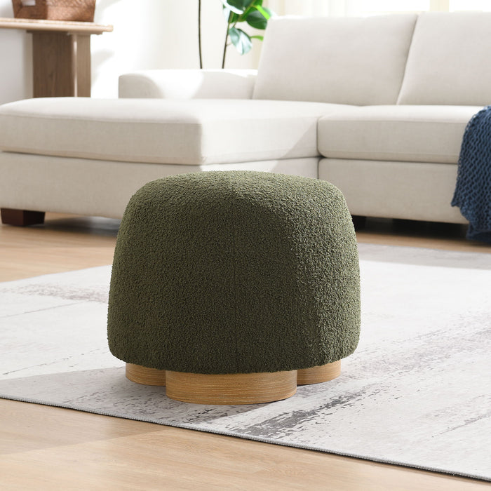 Giga round soft teddy fabric upholstered ottoman stool with metal accents, plush texture and modern design.