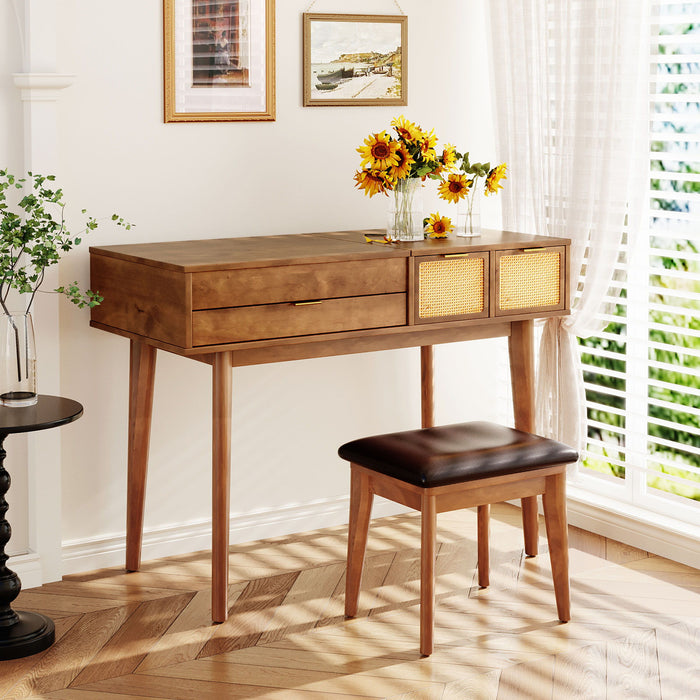 Giga classic wood makeup vanity set with flip-top mirror, matching stool, three drawers, and ample storage space.