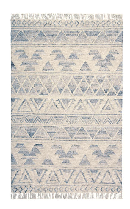 9' x 12' Wool Geometric Flatweave Handmade Area Rug With Fringe - Blue And Ivory