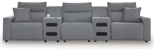 Signature Design by Ashley Modmax II 5-piece reclining sectional with plush cushions and reclining seats in a modern fabric.