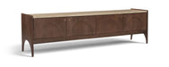 Veya 71-inch media console with genuine marble top and mango wood base, modern TV stand by Meridian Furniture.