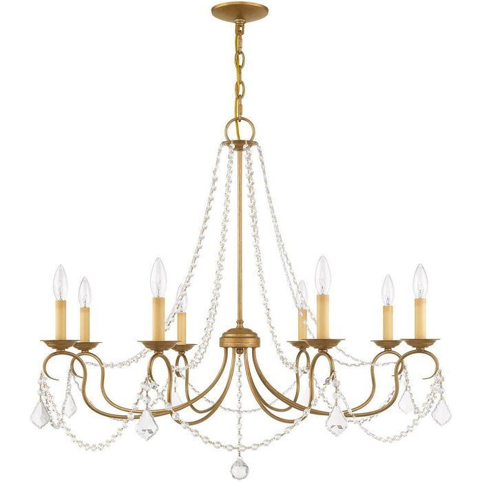 HomeRoots 28-inch eight-light dimmable chandelier with shades in antiqued gold finish, showcasing elegant design and intricate details.