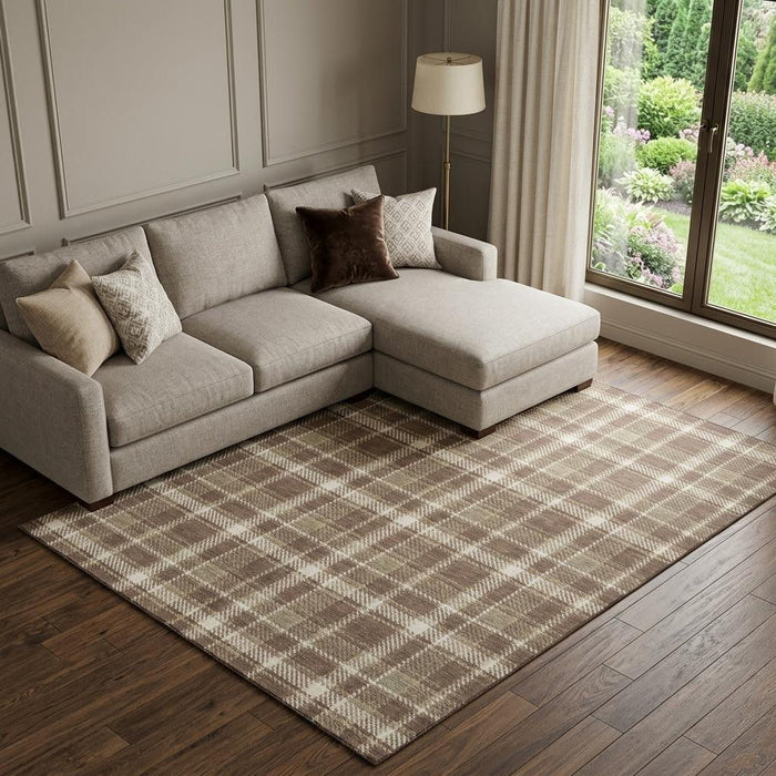 10' X 14' Plaid Washable Area Rug With UV Protection (649432) - Chocolate / Ivory
