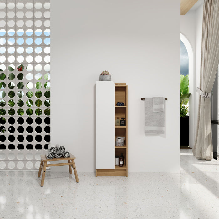 Giga tall freestanding bathroom linen cabinet with single door, four open shelves in black, light oak, and white finishes