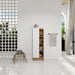 Giga tall freestanding bathroom linen cabinet with single door, four open shelves in black, light oak, and white finishes