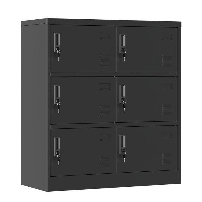 Black Giga 6-door employee storage locker with card slot, suitable for office, gym, school, and home use.