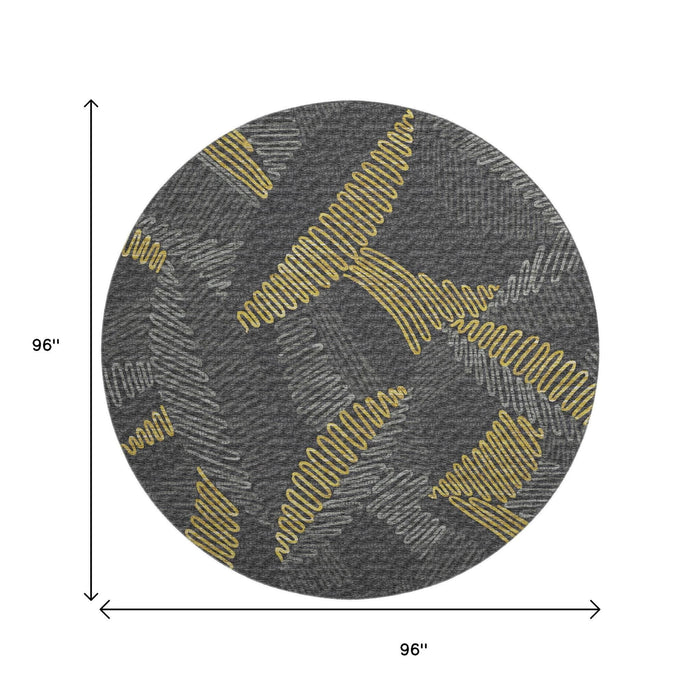 8' Botanical Leaves Washable Round Rug With UV Protection (645009) - Gray / Gold / Black