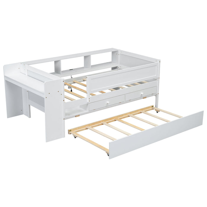 White Giga twin daybed with trundle, drawers, headboard storage, study desk, and built-in USB charging station.