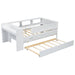 White Giga twin daybed with trundle, drawers, headboard storage, study desk, and built-in USB charging station.