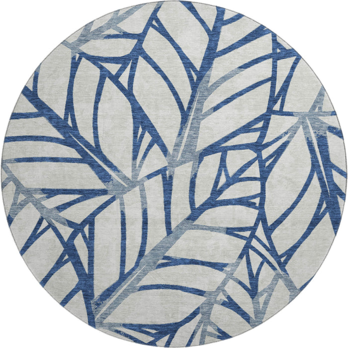 8' Floral Washable Round Rug With UV Protection - Navy Blue And Beige