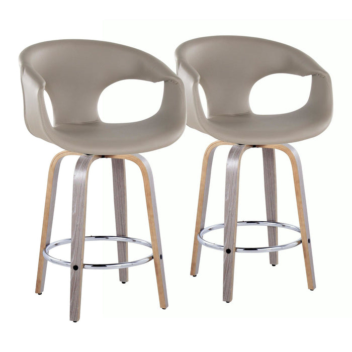 Curvo - 26" Fixed-Height Counter Stool With Swivel And Round Chrome Metal Footrest (Set of 2) - Light Gray Wood And Light Gray Faux Leather