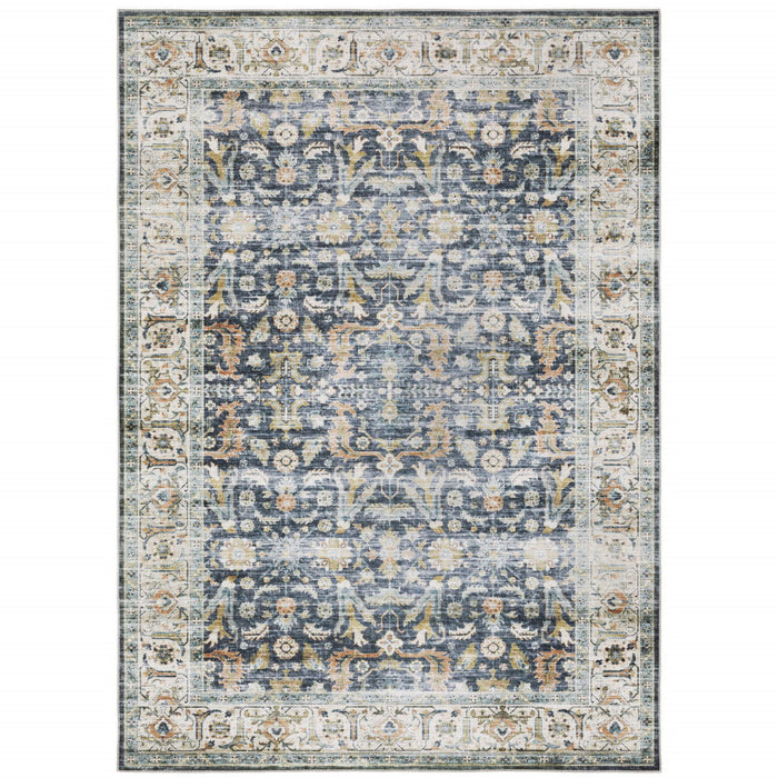 7' x 10' Oriental Printed Stain Resistant Non Skid Area Rug - Blue Gold Rust Ivory And Olive