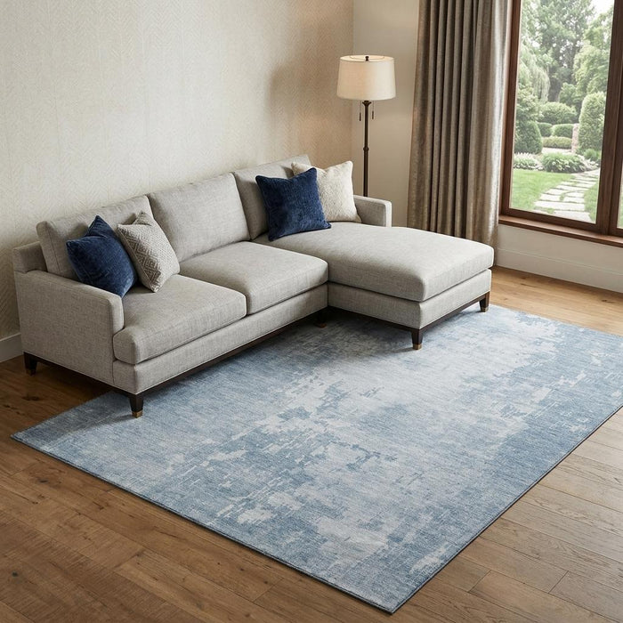 10' X 14' Abstract Washable Area Rug With UV Protection (692583) - Sky Blue / Ivory
