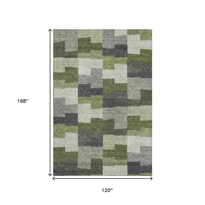 10' X 14' Geometric Washable Area Rug With UV Protection (654946) - Olive Green / Gray / Ivory