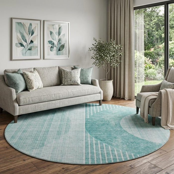 8' Geometric Washable Round Rug With UV Protection (655749) - Teal / Ivory