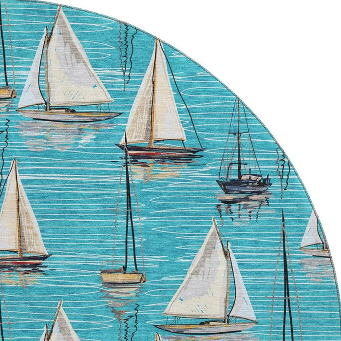 8' Nautical Washable Round Rug With UV Protection - Teal Blue