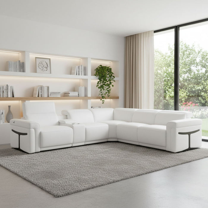 Italian Leather Modular L Shaped Six Piece Corner Sectional With Console - White