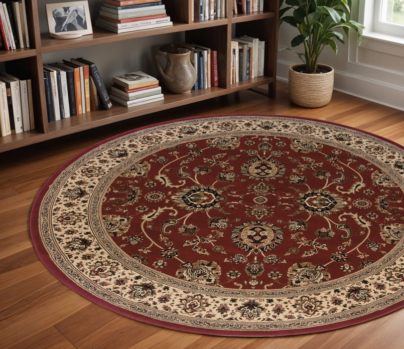 8' Traditional Oriental Polypropylene Round Rug - Red And Ivory