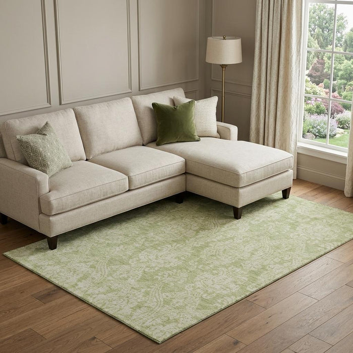 10' X 14' Damask Washable Area Rug With UV Protection (696350) - Artichoke Green / Beige / Ivory