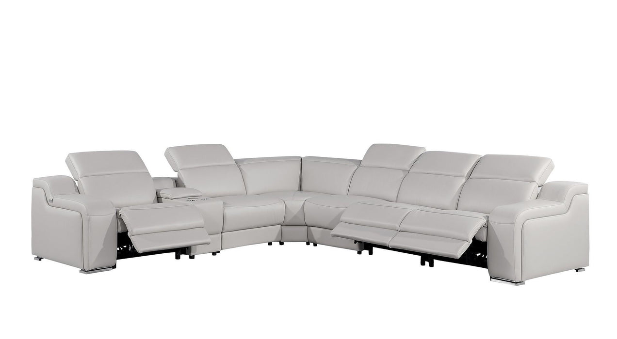 Italian Leather Power Reclining Curved 7 Piece Corner Sectional With Console - Light Gray