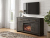 Signature Design by Ashley Brazen Valley TV stand with fireplace option, wood finish, and spacious storage compartments.
