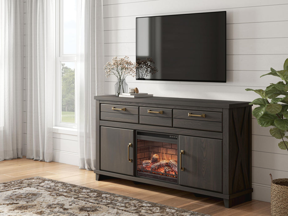 Signature Design by Ashley Brazen Valley TV stand with fireplace option, wood finish, and spacious storage compartments.