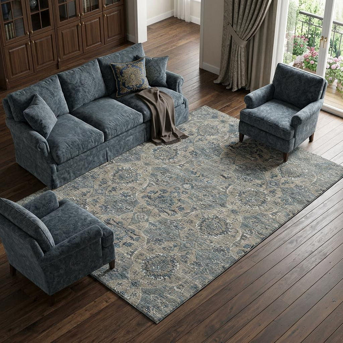 10' X 14' Floral Medallion Distressed Washable Area Rug With UV Protection (644598) - Denim Blue / Gray