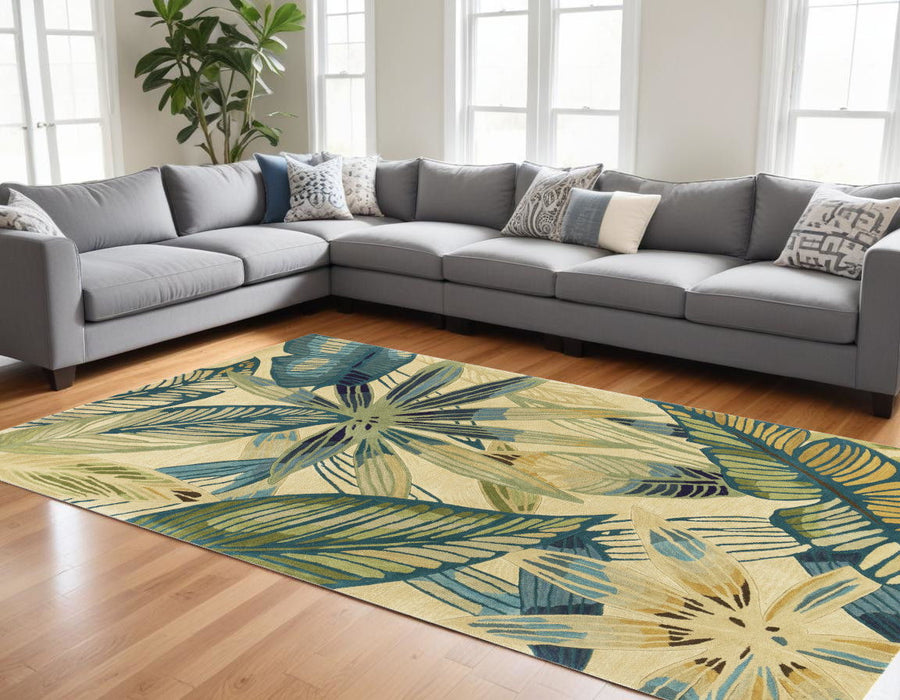 8' x 10' Hand Tufted Tropical Leaves Indoor Area Rug - Ivory Teal