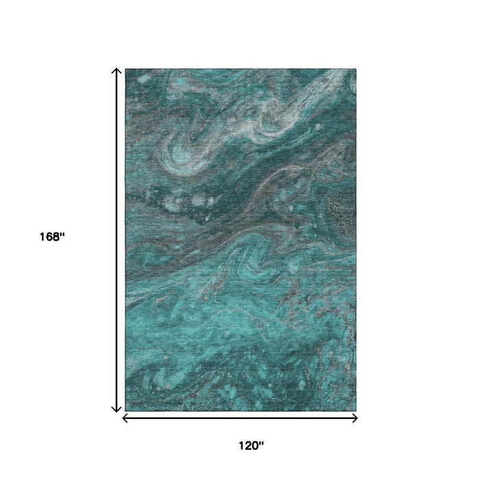 10' X 14' Abstract Washable Area Rug With UV Protection (650854) - Teal / Gray / Ivory