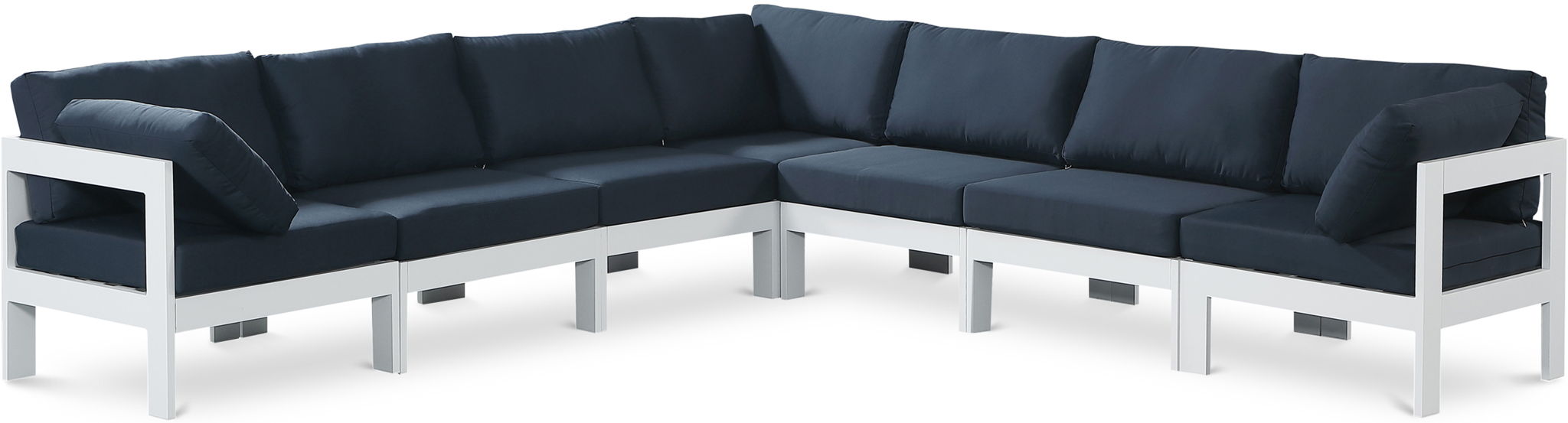 Outdoor patio Nizuc Meridian Furniture 7-piece modular sectional with white frame, featuring plush cushions and modern design.