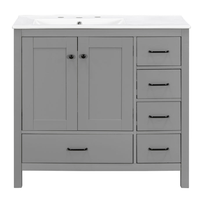 Giga bathroom vanity with ceramic sink, storage cabinet, two soft-close doors, and five drawers for modern bathroom organization.
