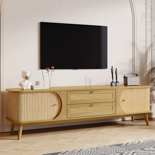 Giga rattan TV stand for TVs up to 75 inches, modern farmhouse media console with legs, natural wood finish, living room entertainment center