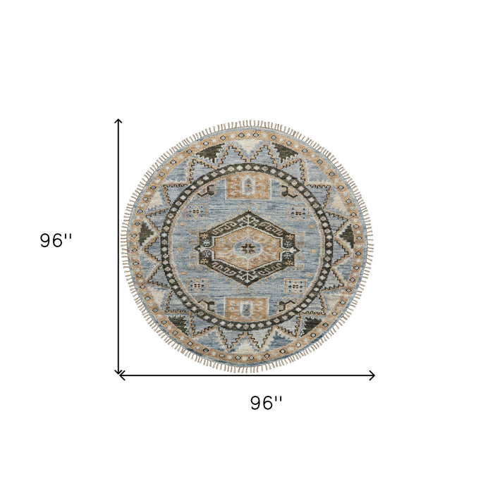 8' Wool Oriental Hand Knotted Round Rug With Fringe - Blue Green And Tan