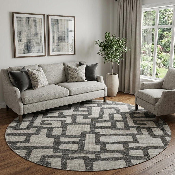 8' Abstract Washable Round Rug With UV Protection (644841) - Gray / Ivory